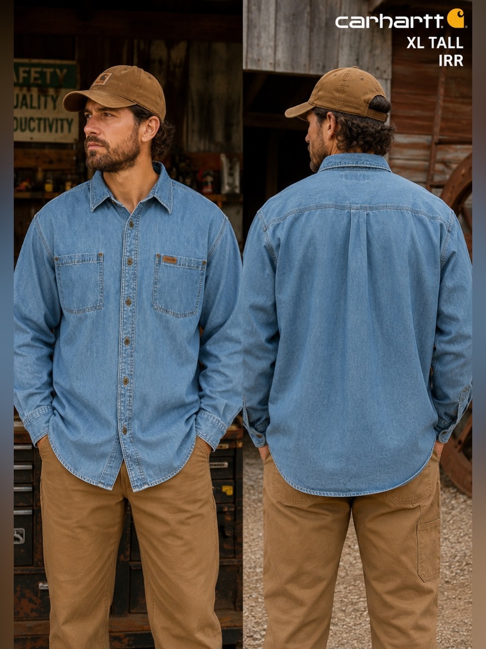 Carhartt Denim Button Front Work Shirt mens sz XL Tall IRR Light Wash Cotton